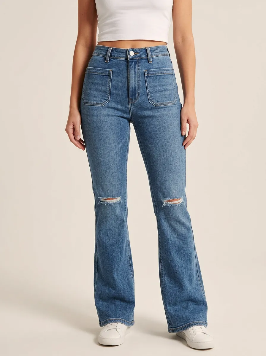 Women's High-Rise Front Patch-Pocket Subtle-Flare Distressed Jeans