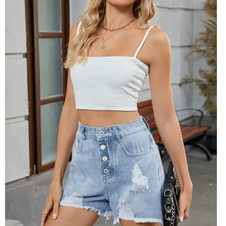 Soft Distressed Raw Hem Denim Shorts