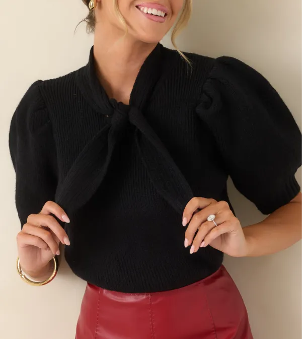 Tie-Neck Short-Sleeve Puff-Sleeve Bow-Detail Top