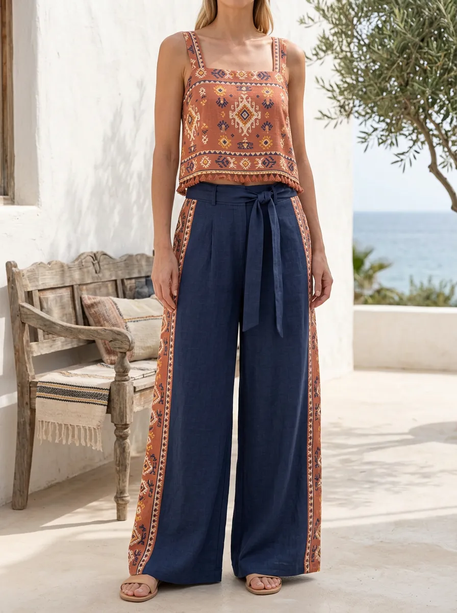 Women's Elegant Boho Pattern Patterned Tank Wide Leg Pants Set