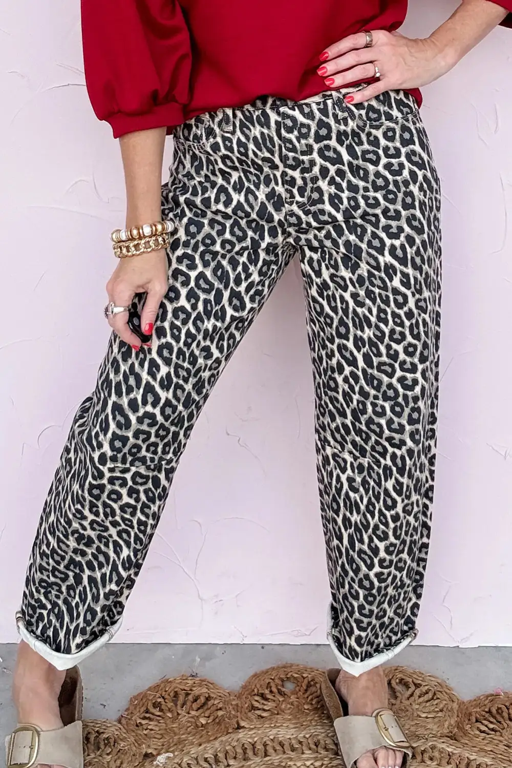 Barrel-Leg Leopard-Print Straight Leg Jeans