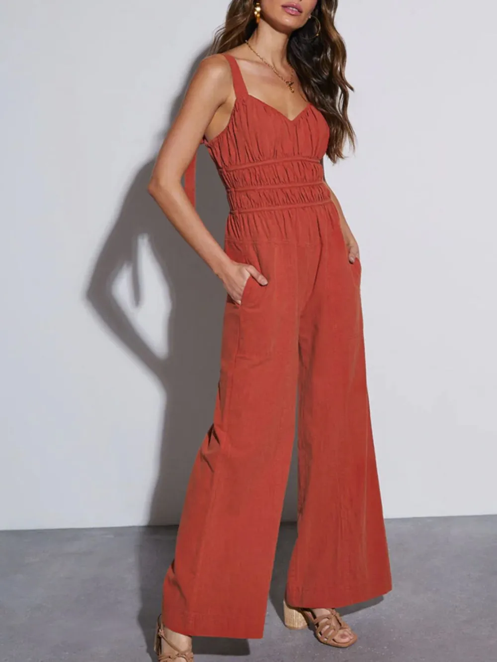 Ruched Wide Strap Jumpsuit With Pockets
