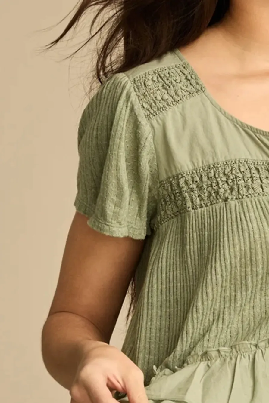 Scoop Neck Lily Pad Smocked Lace Tee
