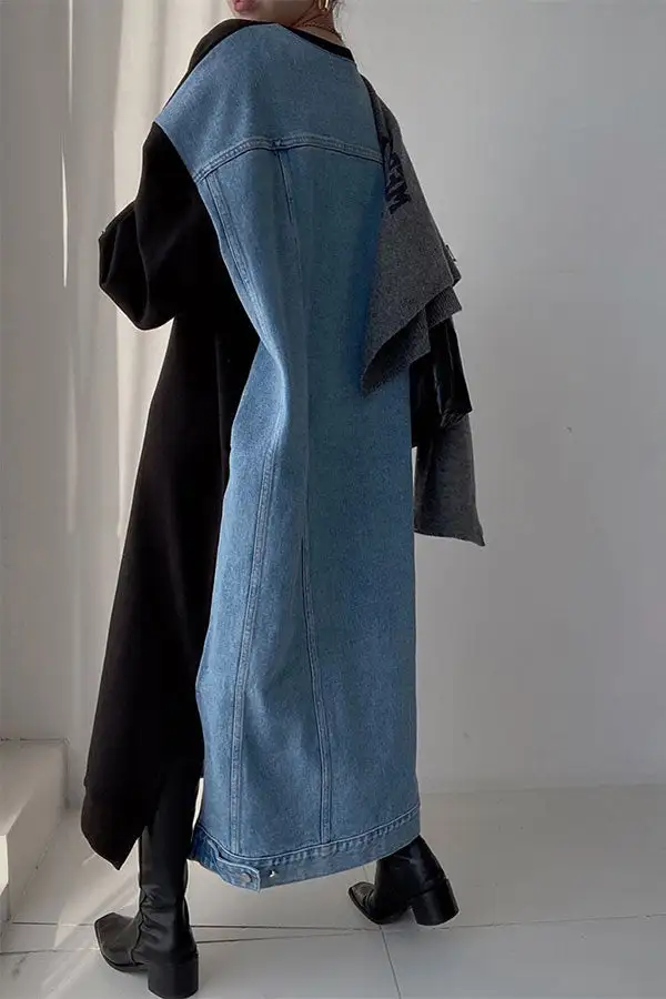 Letter Print Denim Patchwork Midi Dress