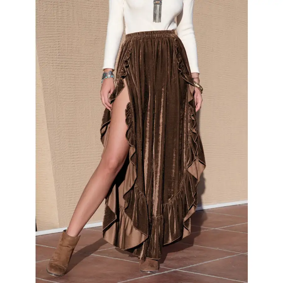 Ruffle Trim Wide Leg Slit Pants