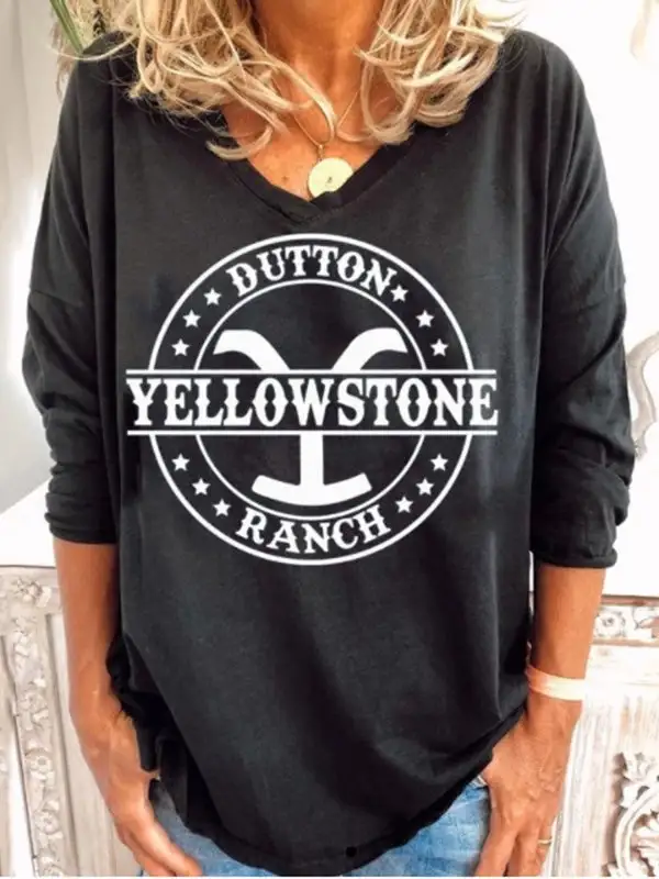 Women's T-Shirts Loose Print V-Neck Long Sleeve T-Shirt（⚡Clearance Sale）