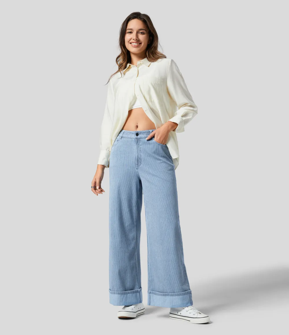 Magic Mid Rise Multiple Pockets Rolled Hem Striped Washed Stretchy Knit Casual Wide Leg Jeans