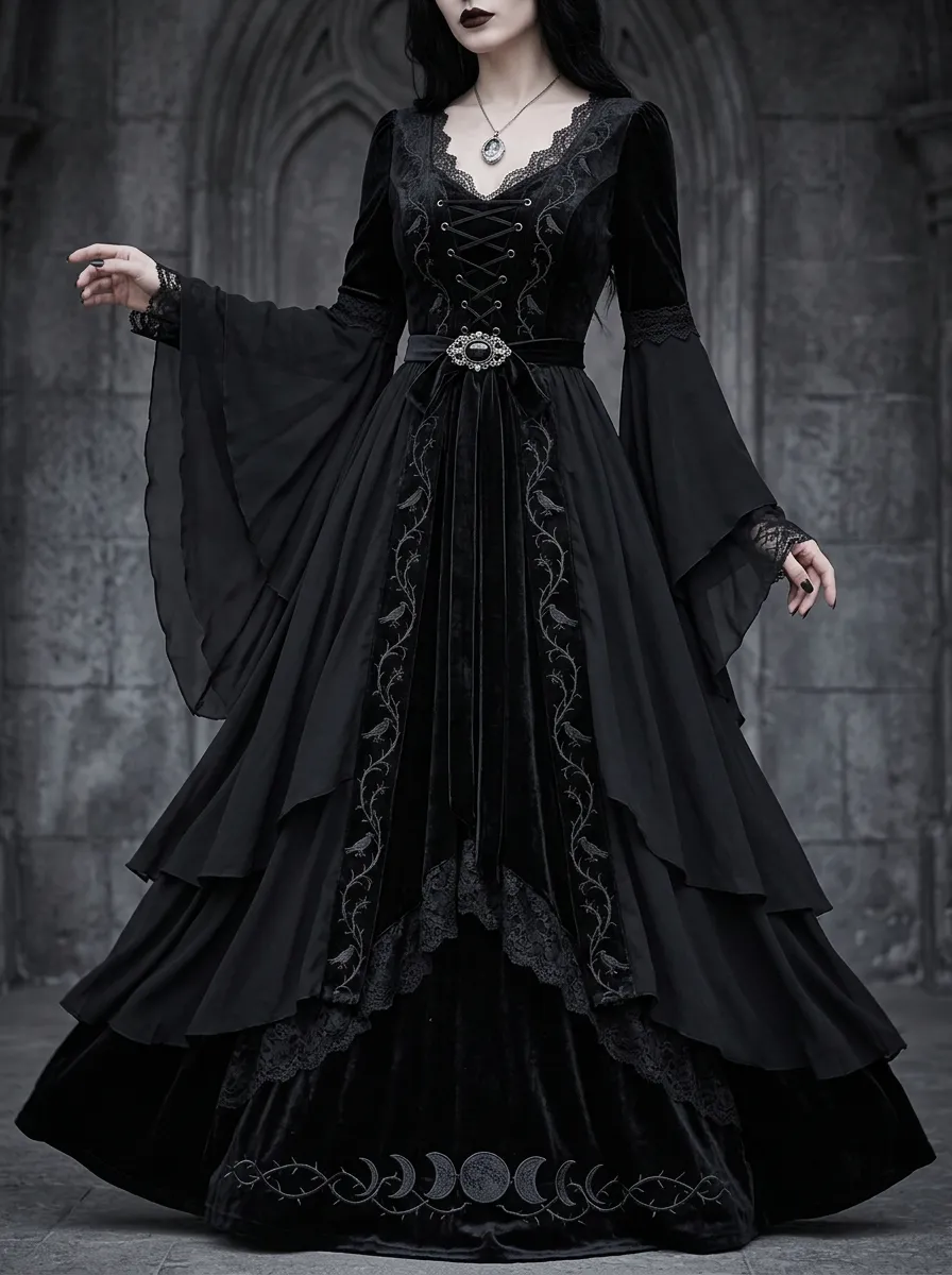 Dark Romantic Moon Raven Velvet Profile Women's Gothic Dress