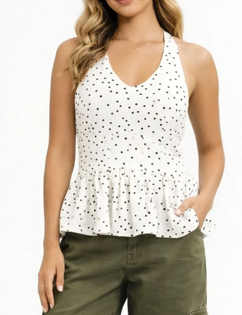 Polka Dot Halter Ruffle Hem V Neck Sleeveless Top