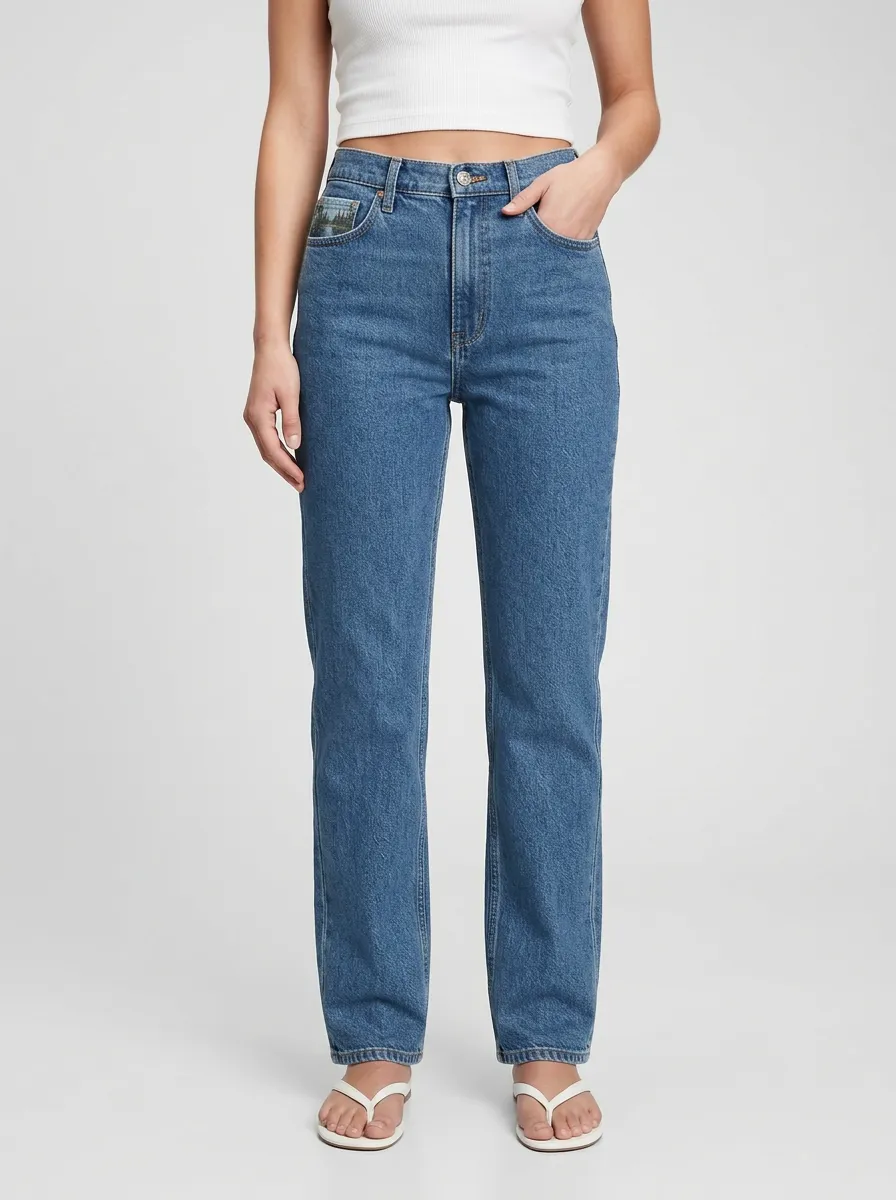Women's Forest Landscape Graphic Contrast-Stitch High-Rise Straight-Leg Jeans