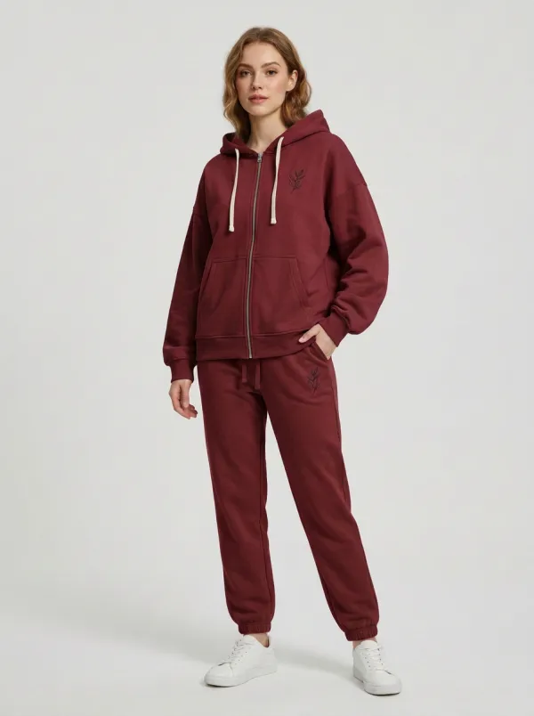 Women's Sage Green Botanical Leaf Embroidered Drawstring Hood Relaxed Fit Zip-Up Hoodie Jacket & Jogger Set