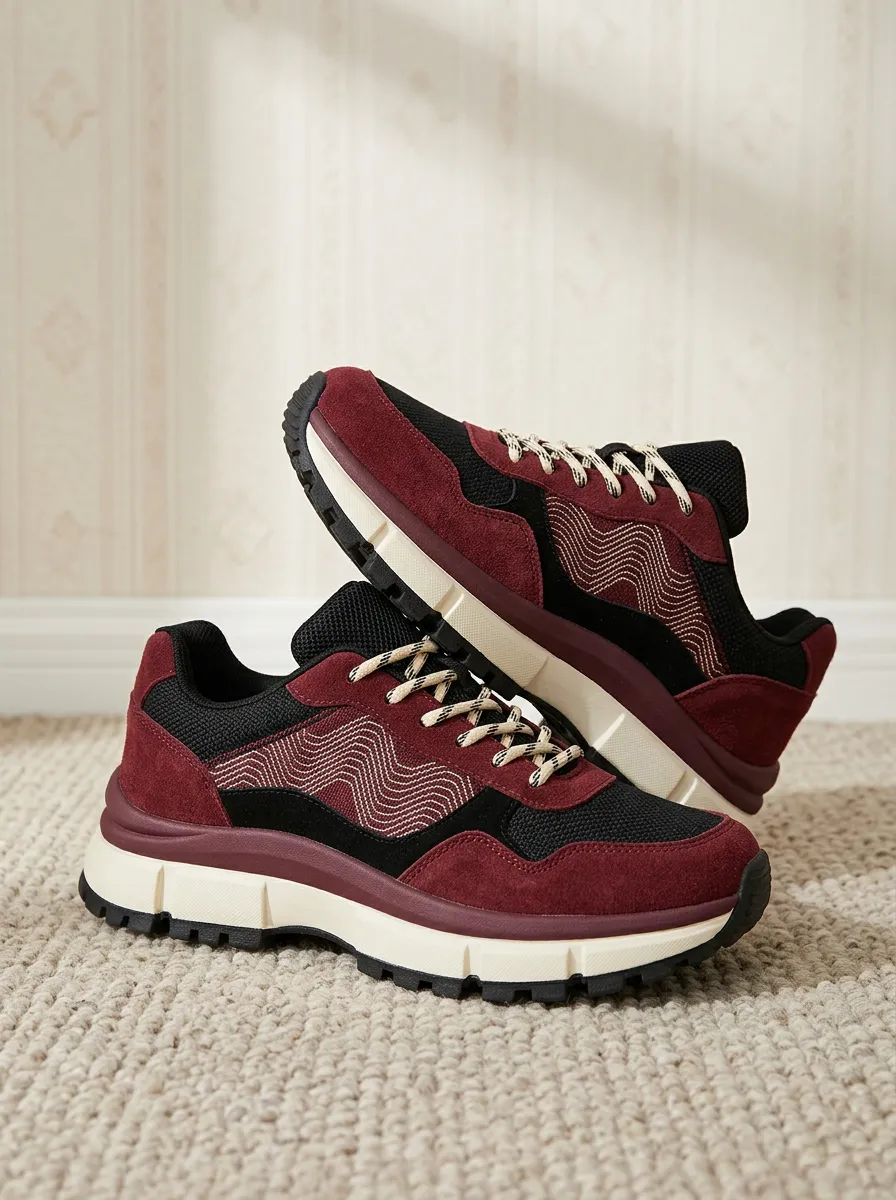 Women's Burgundy Black Wavy Pattern Printed Sneakers