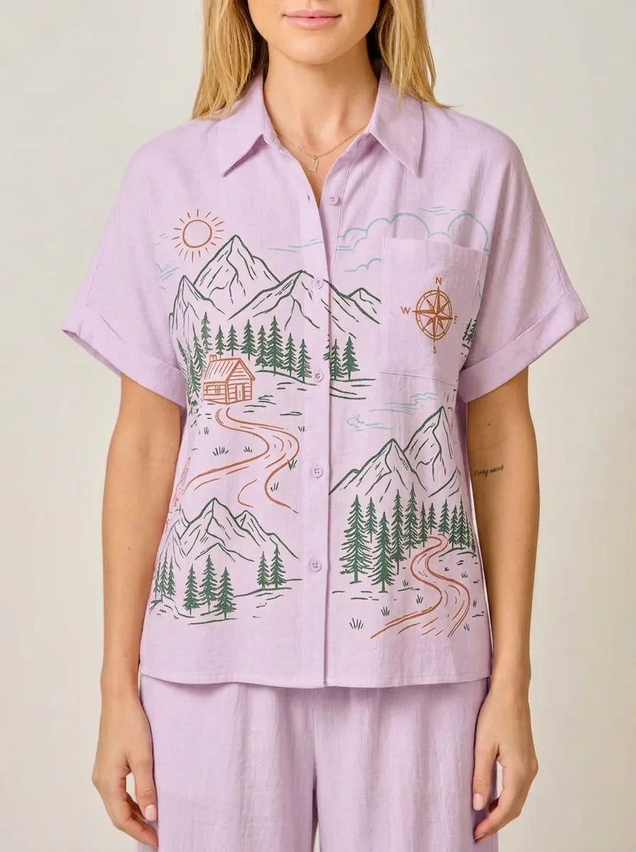 Women's Outdoor Nature Mountain Compass Graphic Button-up Shirt Tank Top