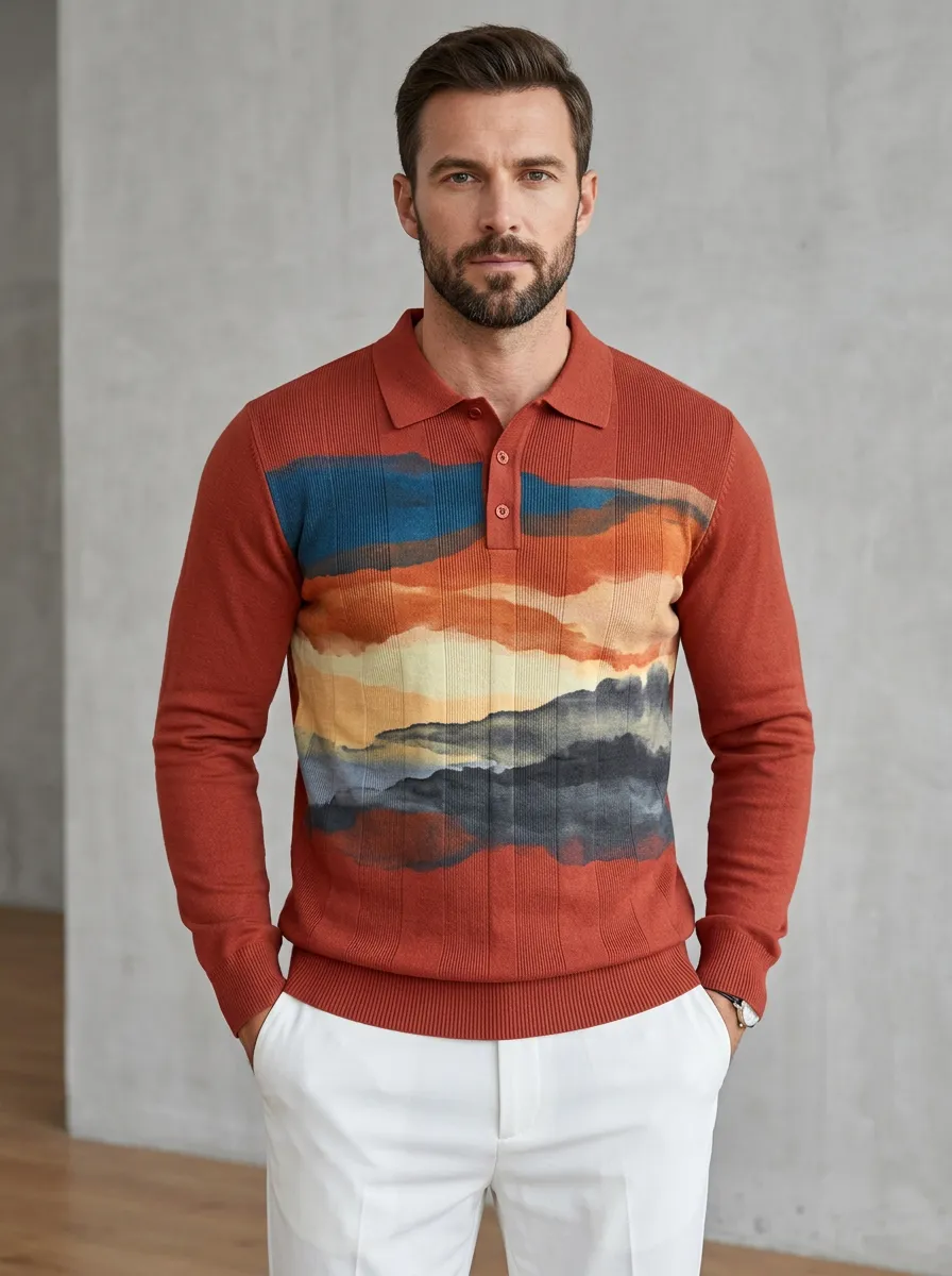 Men's Abstract Landscape Sunset Printed Long Sleeve Polo Shirt