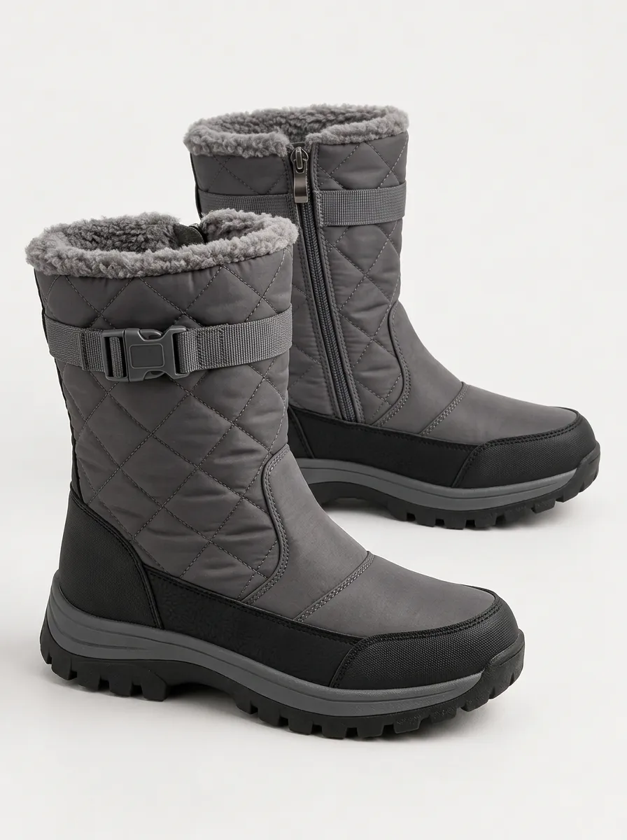 Casual Buckle Strap Faux Fur Lined Quilted Snow Season Boots