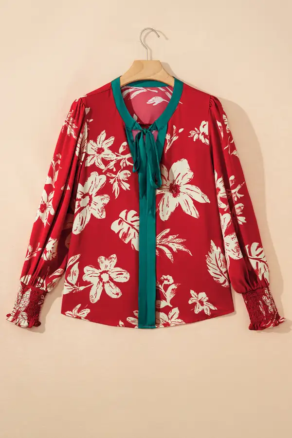 Women's Flower Motif Puff Sleeve Tie Neck Top