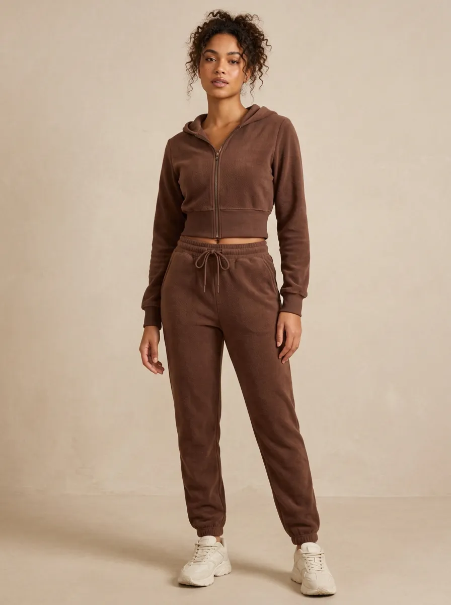 Women's Casual Brown Solid Color Fleece Zip-up Crop Hoodie Jogger Set