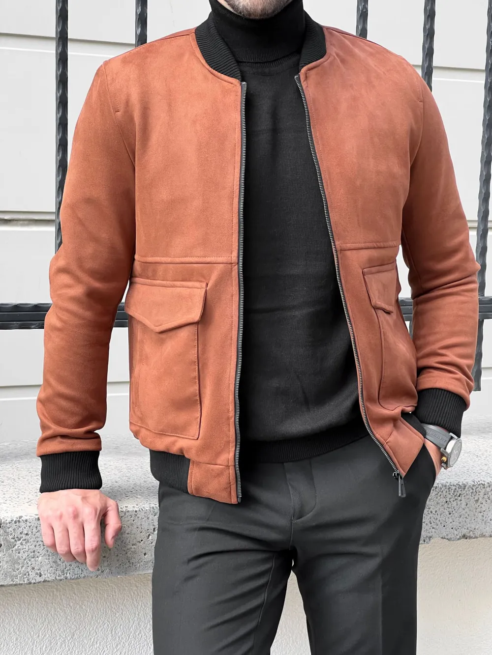 Slim Fit Zip Front Suede Tailored Coat