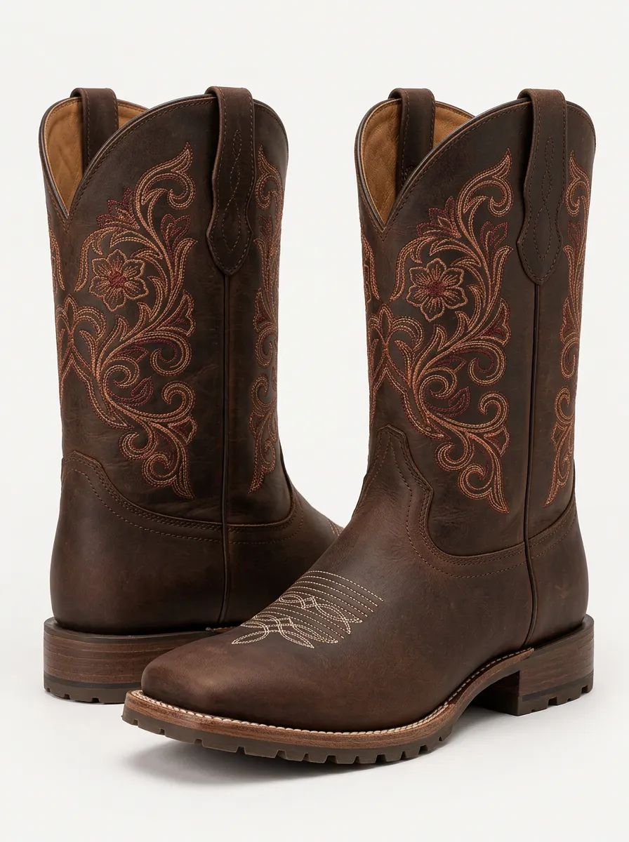Men's Red Cowboy Boots with Floral Detail
