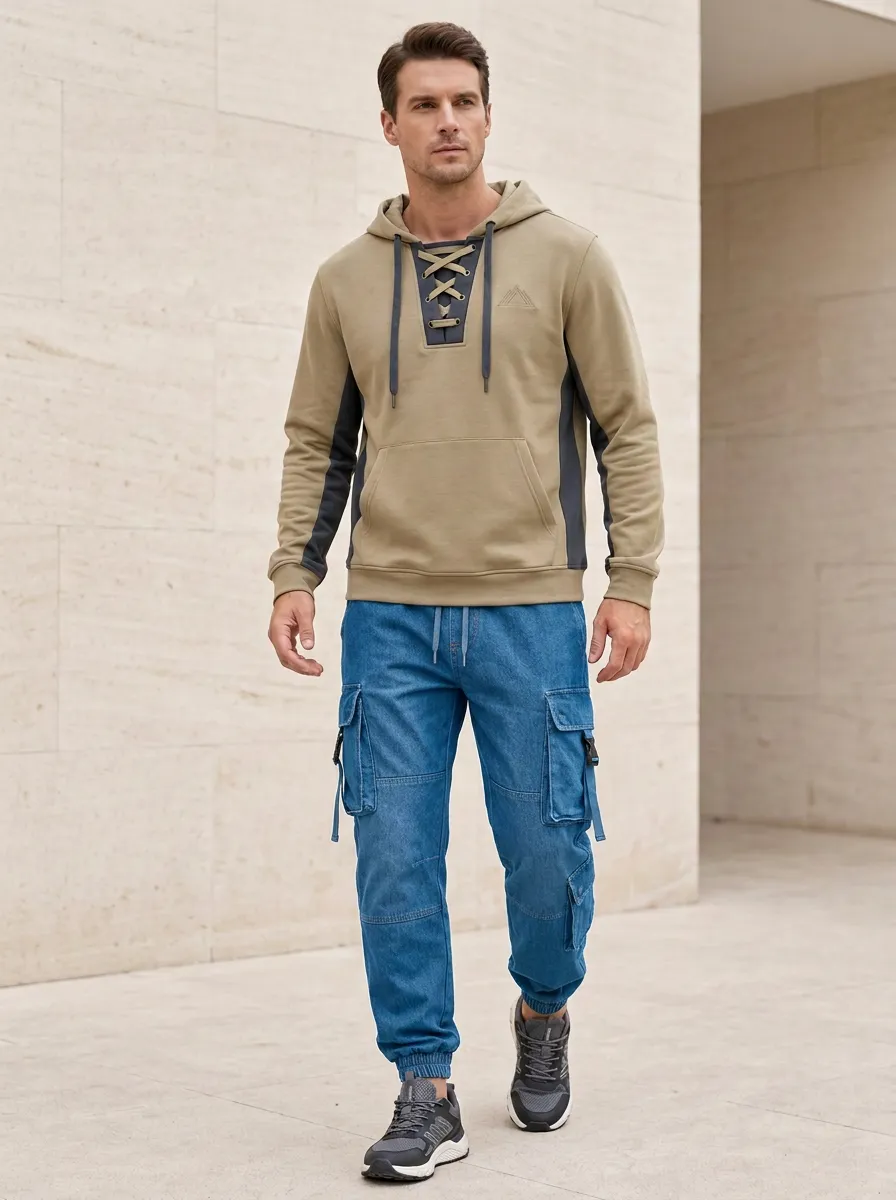 Daily Lace-Up Multi Pocket Street Look Men's Lace Up Hoodie And Cargo Jogger Set