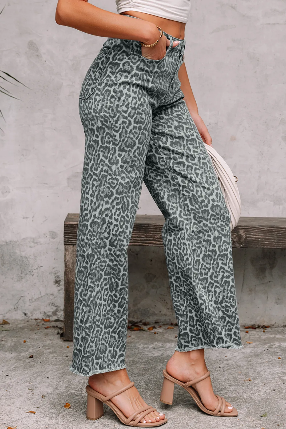 Gray Leopard Wide Leg Jeans
