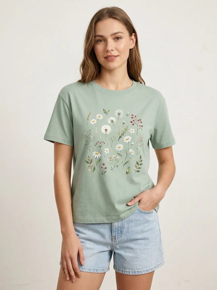 Women's Botanical Nature Lover Dandelion Daisy Printed T-shirt