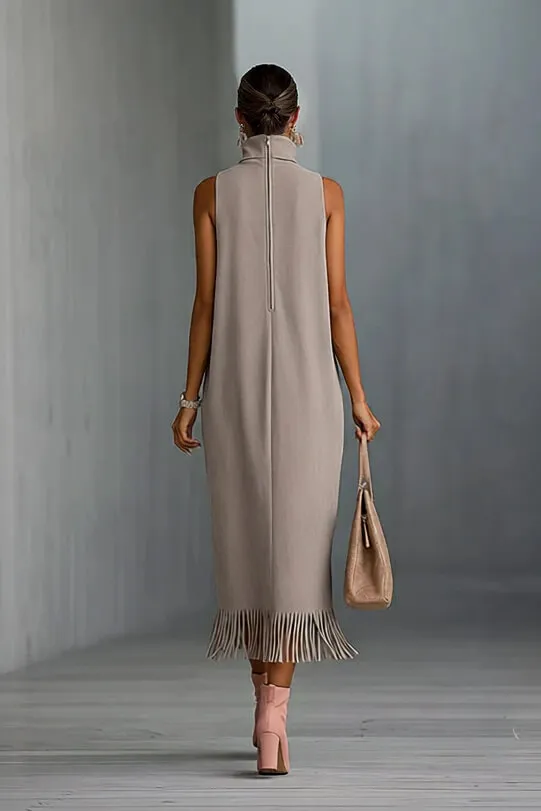 Elegant Faux Suede Fringe Hem Sleeveless Midi Dress