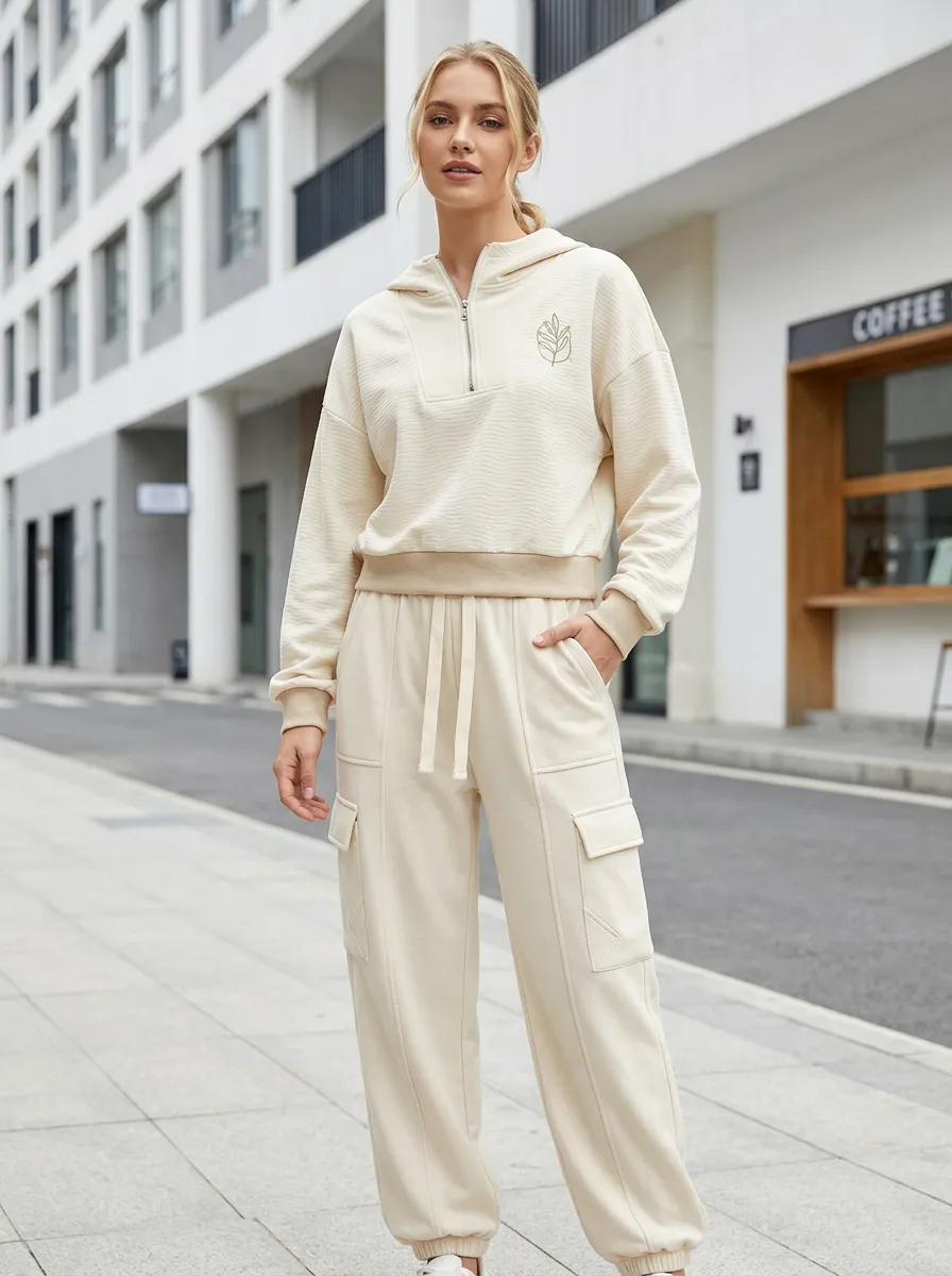 Women's Minimalist Leaf Botanical Printed Quarter-Zip Hoodie Cargo Jogger Set
