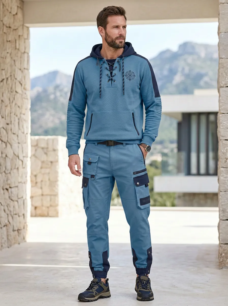 Daily Lace-Up Multi Pocket Utility Look Men's Lace Up Hoodie And Cargo Jogger Set