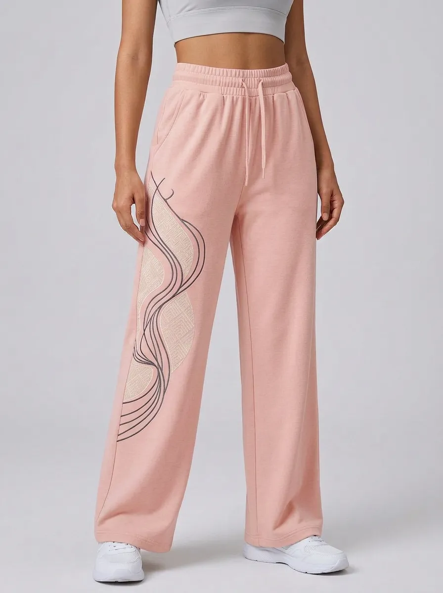 Women's Beige Drawstring Waist Wide-Leg Sweatpants