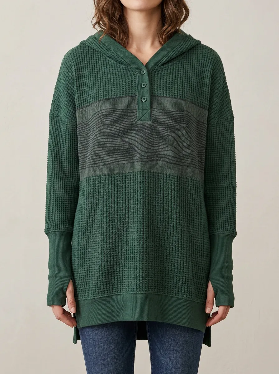 Women's Green Waffle Knit Wave Pattern Printed Hooded Top