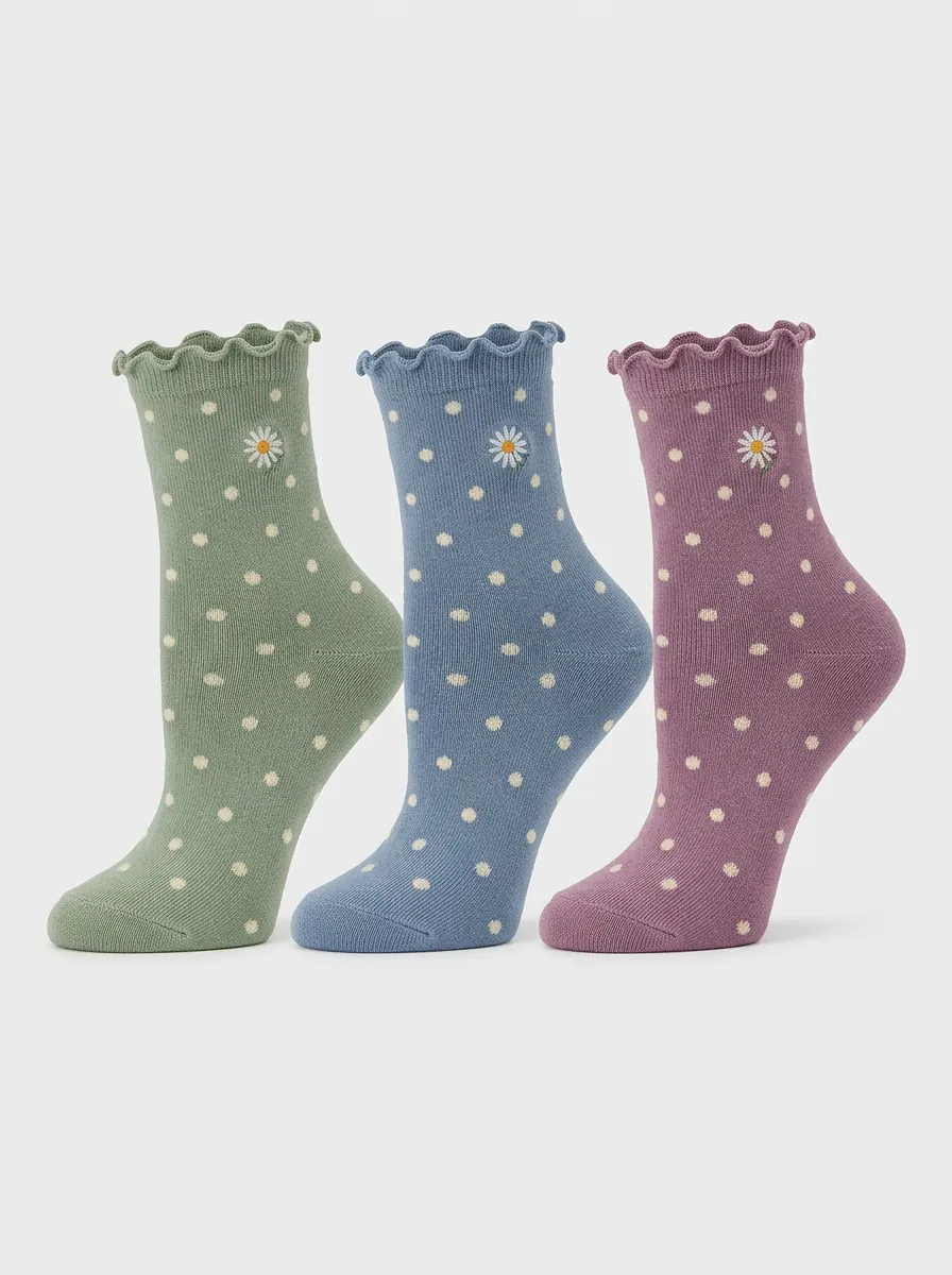 Women's Daisy Floral Polka Dot Ruffle Trim Printed Socks 3-Pack