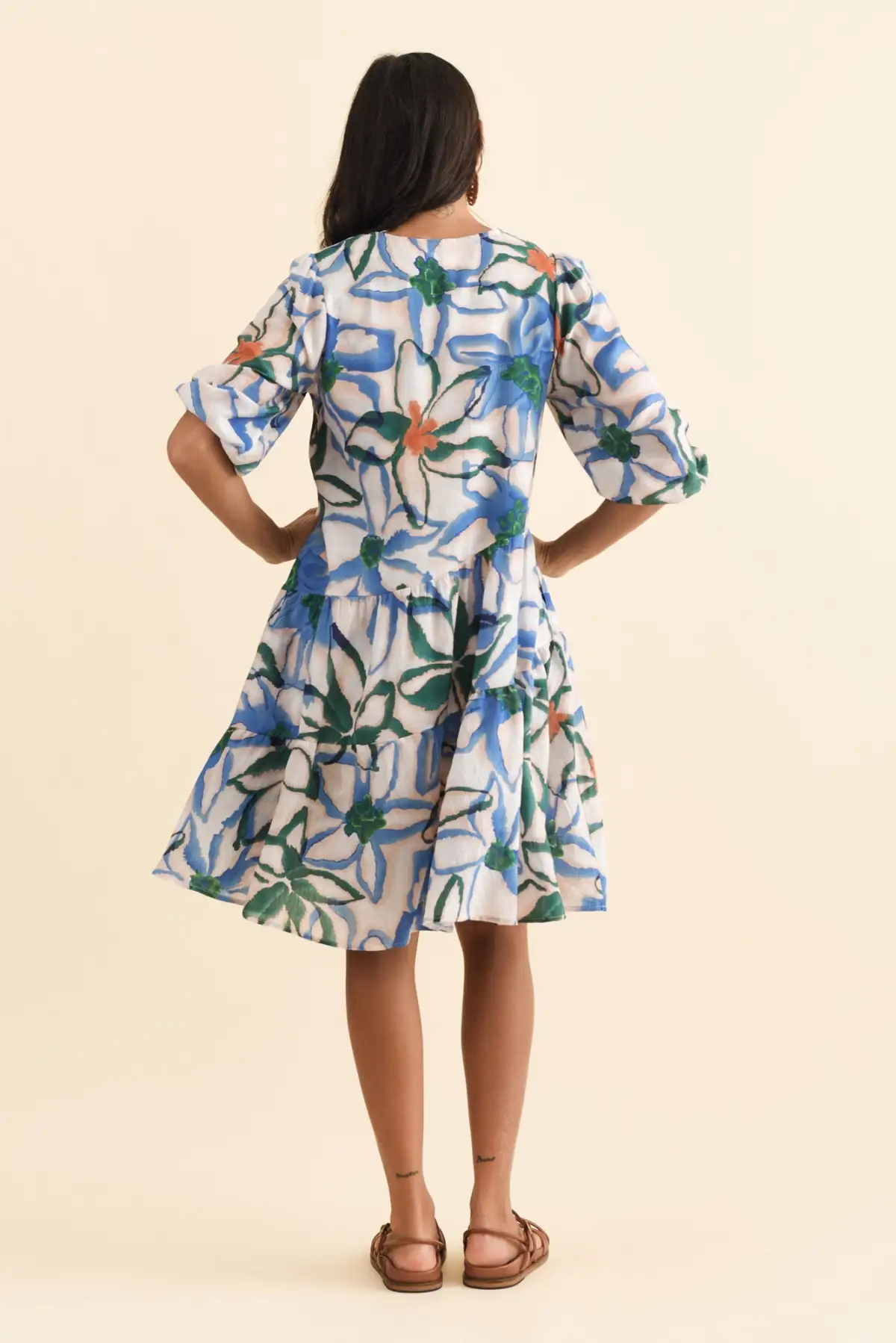 Cotton Above-Knee Floral Pocket Pleated V-Neck Half-Sleeve Dress