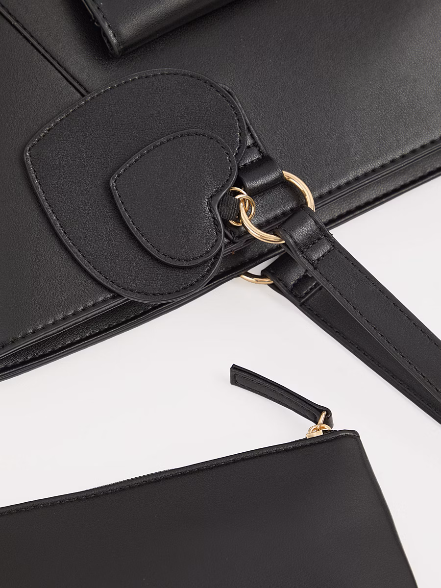 Black Heart Buckle Leather Look Tote Bag with Pencil Case detail 3