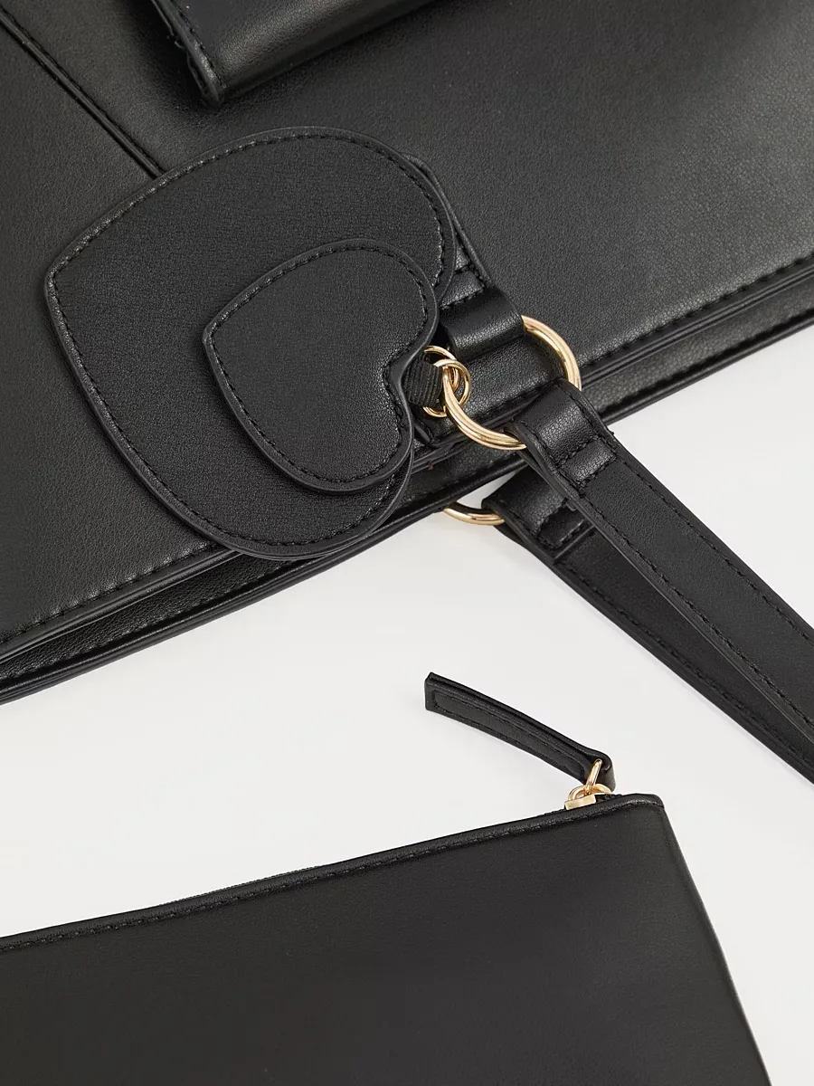 Black Heart Buckle Leather Look Tote Bag with Pencil Case