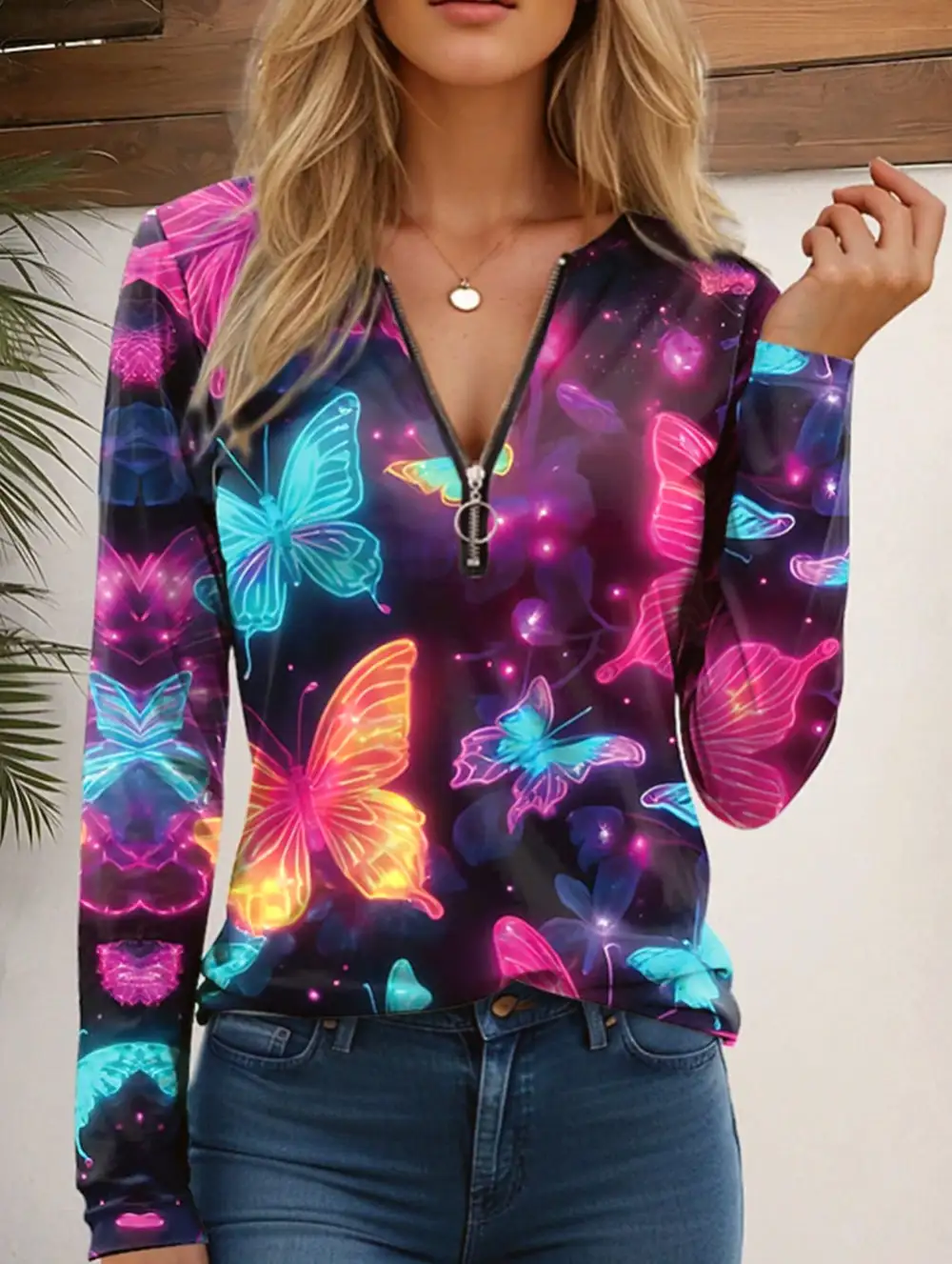 Geometric V-Neck Zip-Up Regular Top