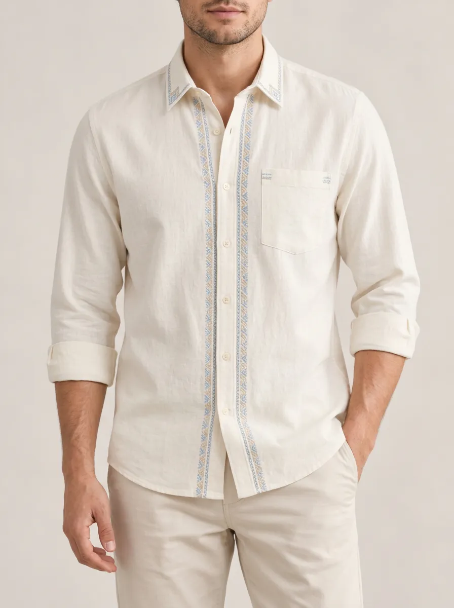 Men's Linen Geometric Boho Printed Shirt