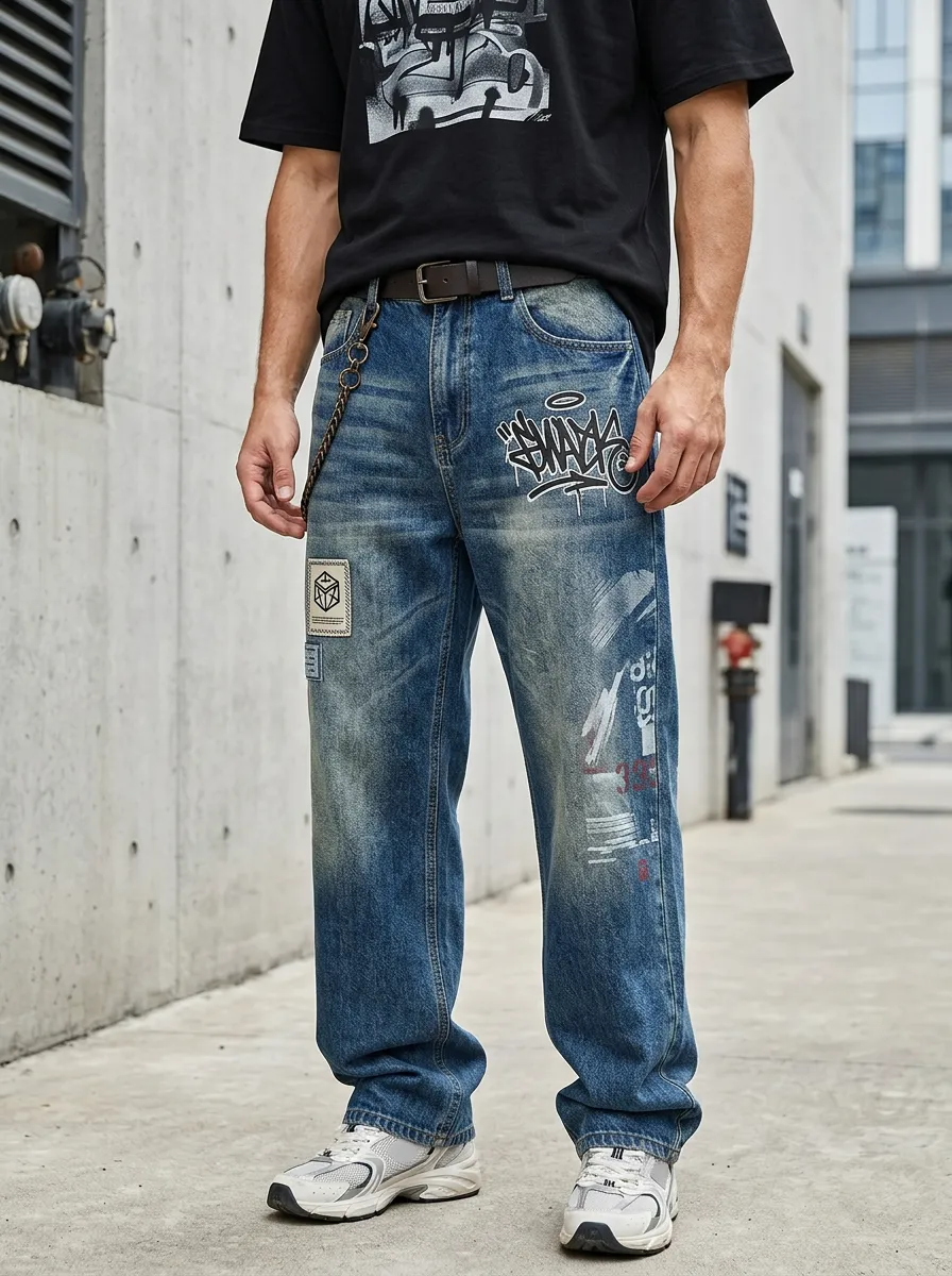 Unisex Streetwear Graffiti Patch Jeans