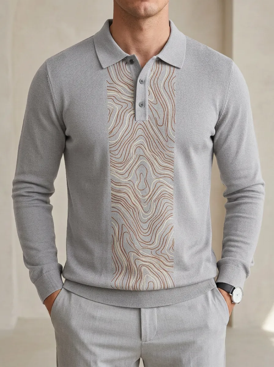 Men's Abstract Topographic Line Printed Long Sleeve Polo Shirt