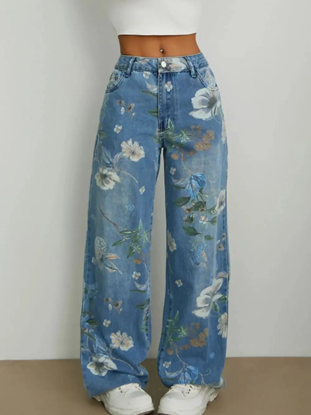 Floral Print Wide Leg Denim Jeans