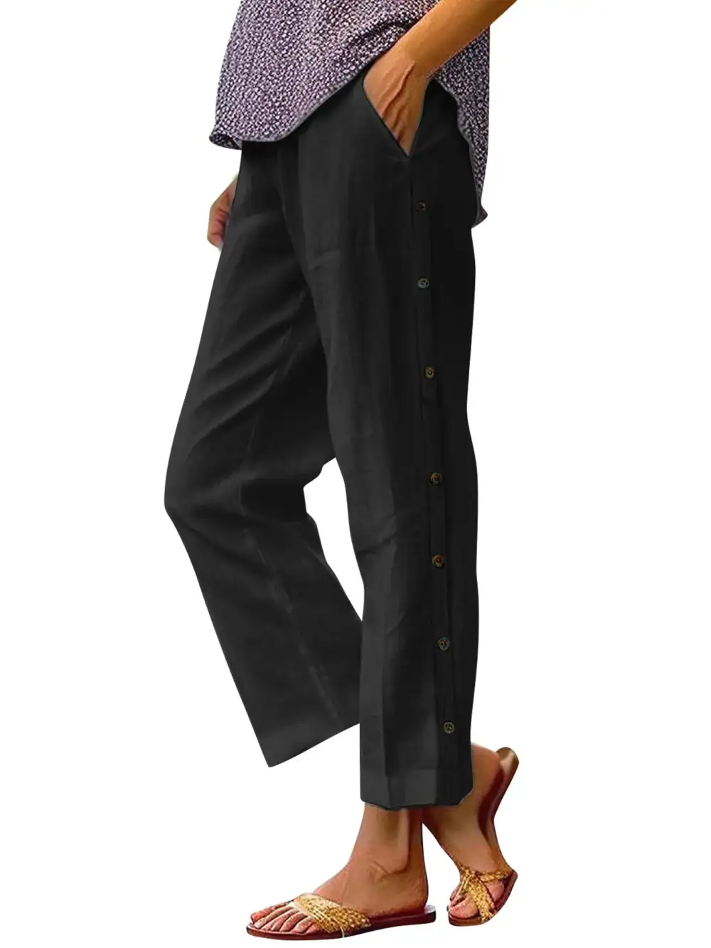 Wide Leg Button Detail Pocketed Pants