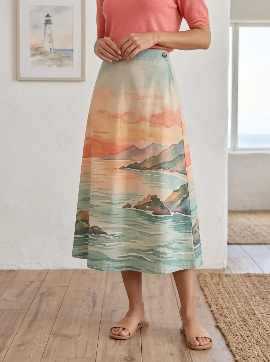 Women's Coastal Lover Sunset Ocean Landscape Printed A-line Skirt
