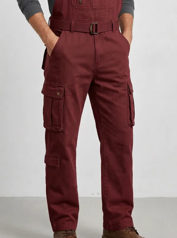 Men's Casual Khaki Multi-Pocket Cargo Bib Overalls