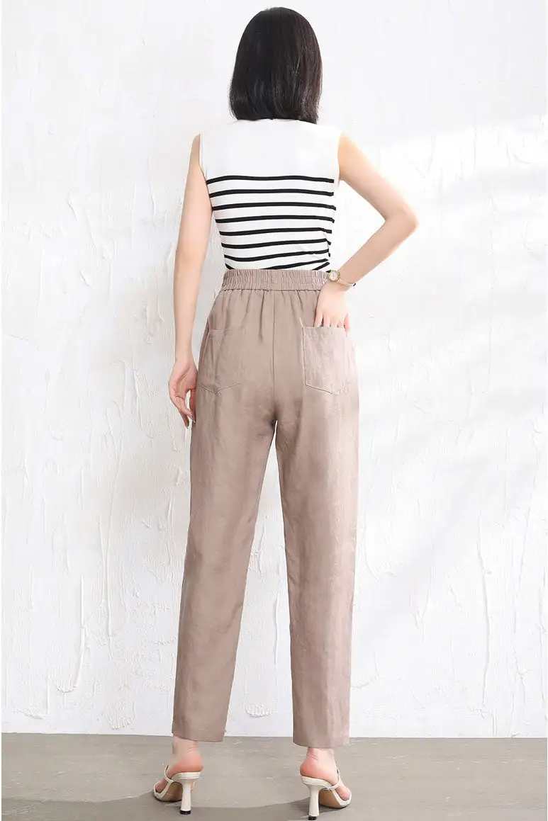 Classic Linen Elastic Waist Pocketed Trousers