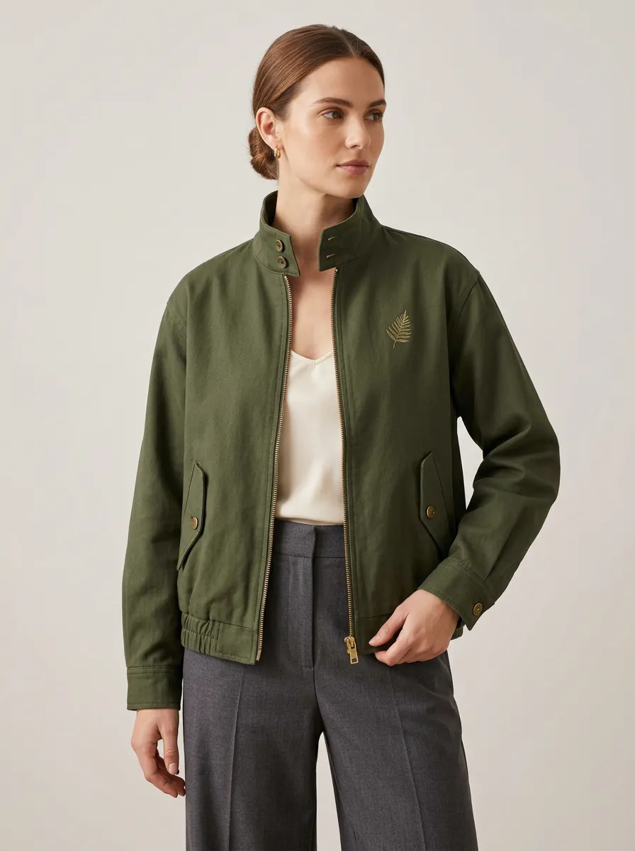 Women's Fern Leaf Printed Olive Green Jacket