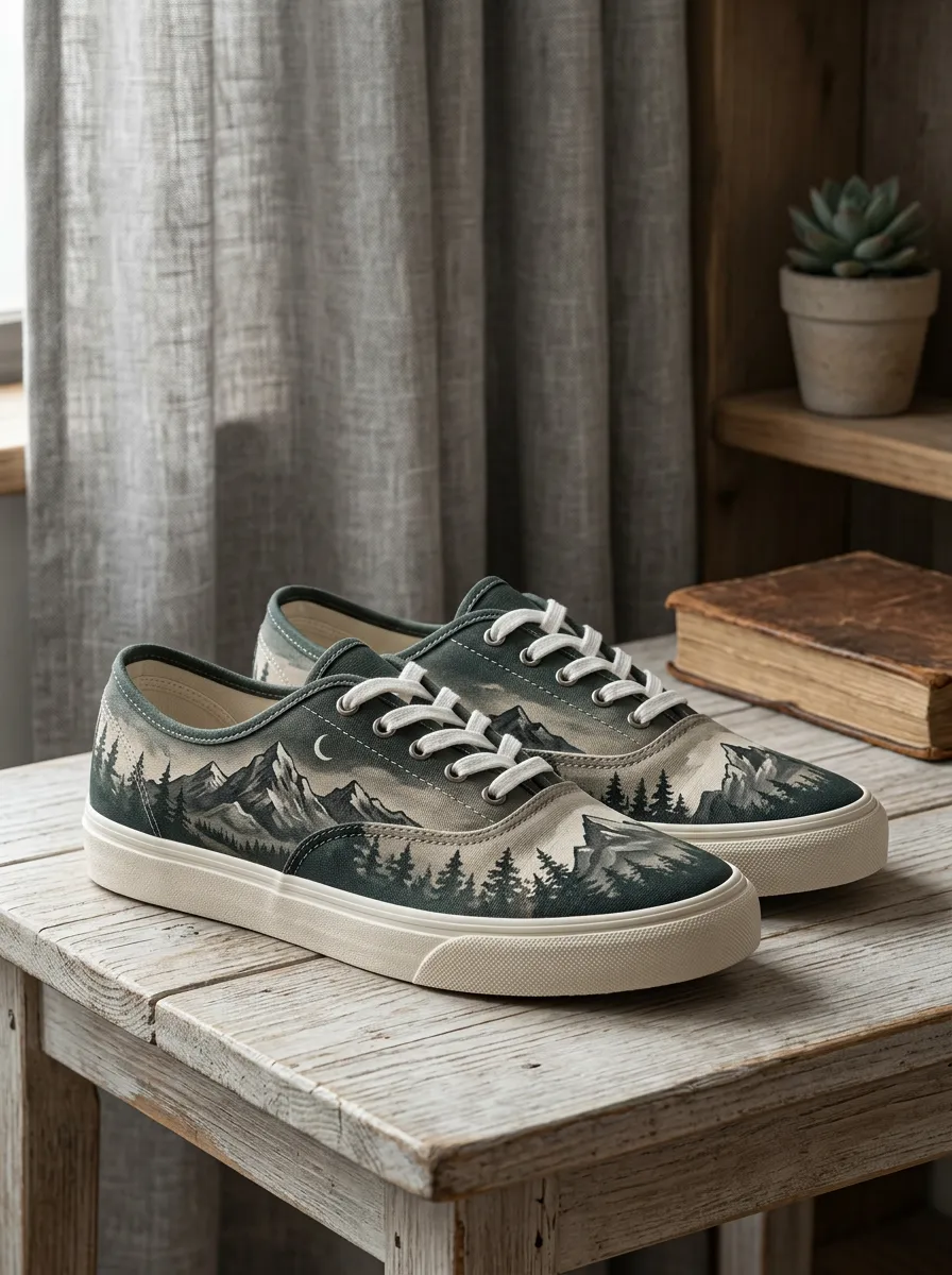 Men's Modern Nature Lover Mountain Forest Moon Patterned Canvas Shoes