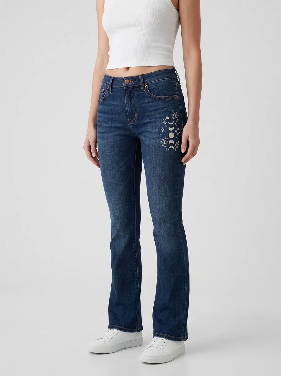 Women's Moon-Phase Botanical Embroidered Mid-Rise Bootcut Jeans