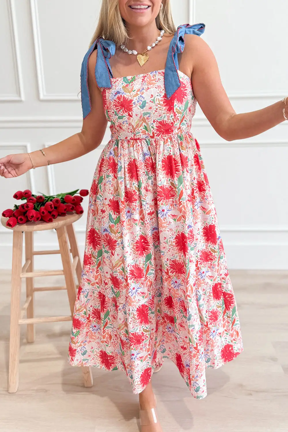 Floral Contrast Denim Strap Casual Dress