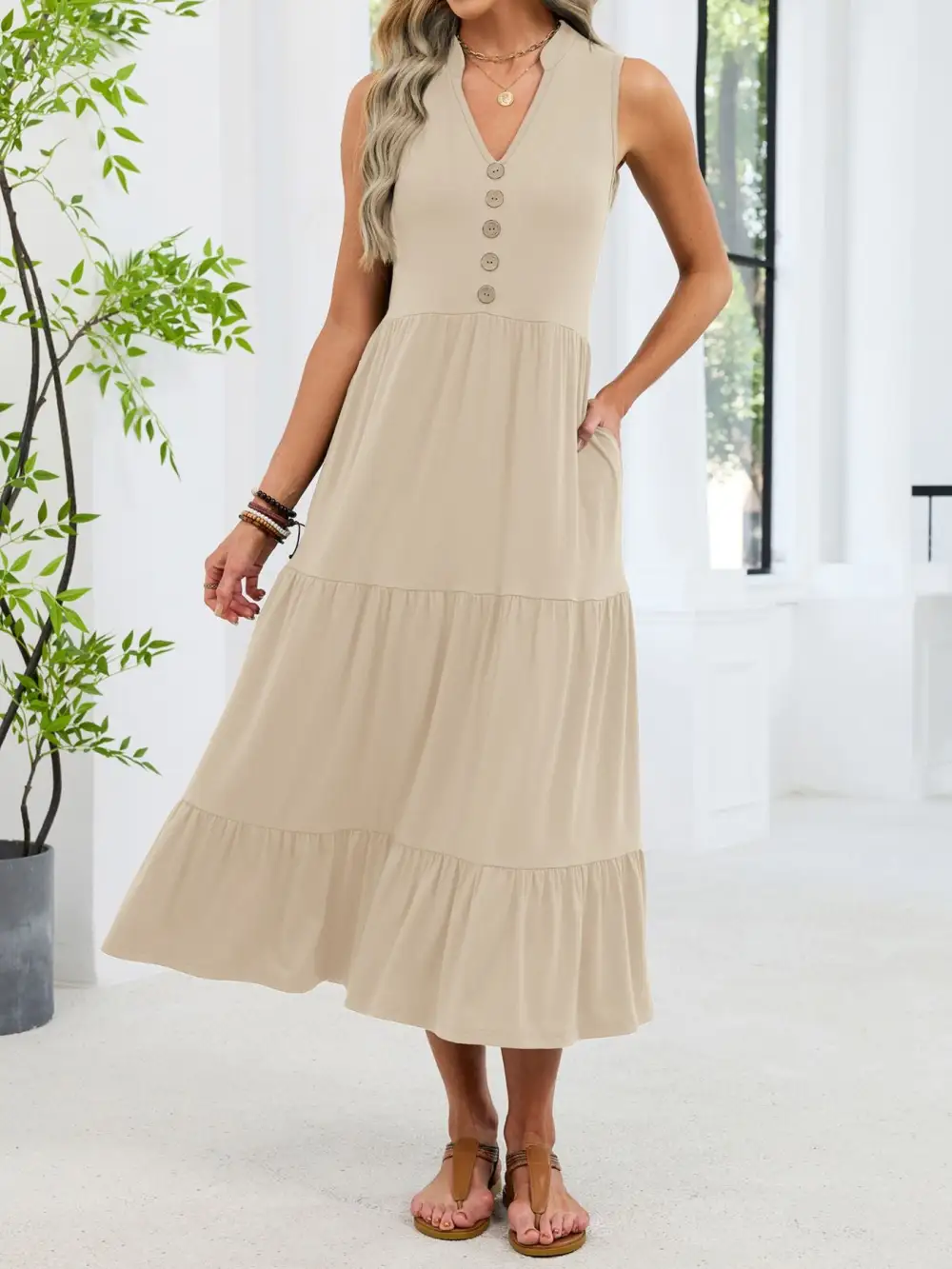 Sleeveless Notched Tiered Midi Dress