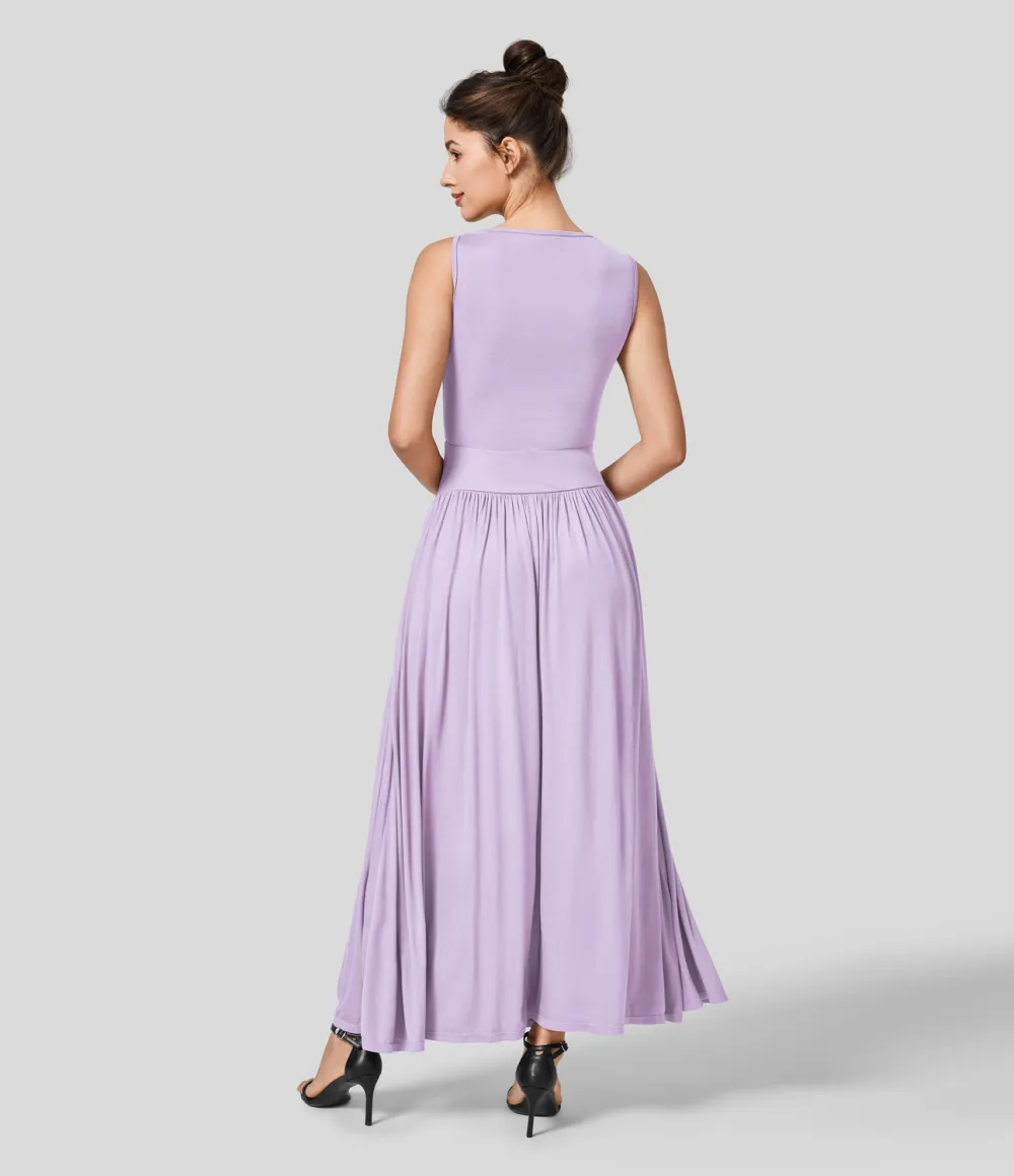 Ribbed Boat Neck Ruched Side Pocket Flowy Maxi Casual Dress